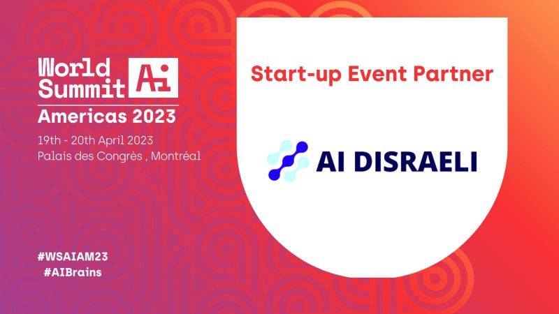 World Summit AI Americas 2023 partner badge, Palais des Congr&egrave;s, Montr&eacute;al, 19-20 April 2023, naming AI Disraeli as Start-up Event Partner.